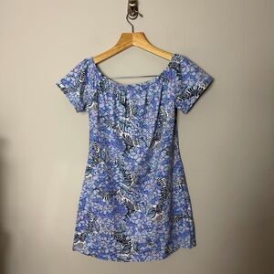 Mahi Gold Hydrangea Regatta Print Short Sleeve Dress Off the Shoulder M 1066